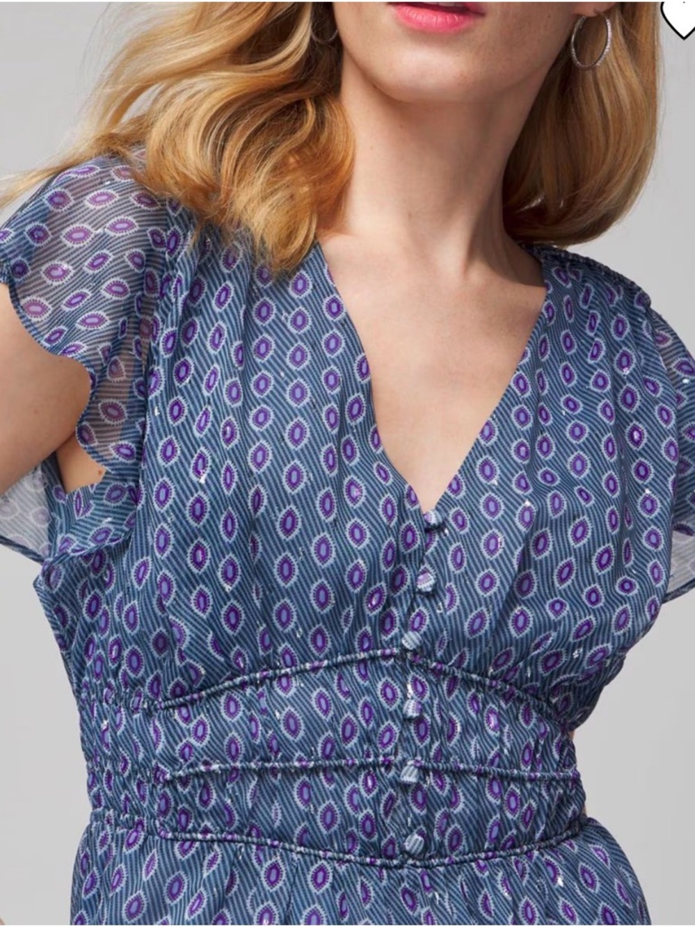 White House Black Market Blue Printed V-Neck Flutter Sleeve Top